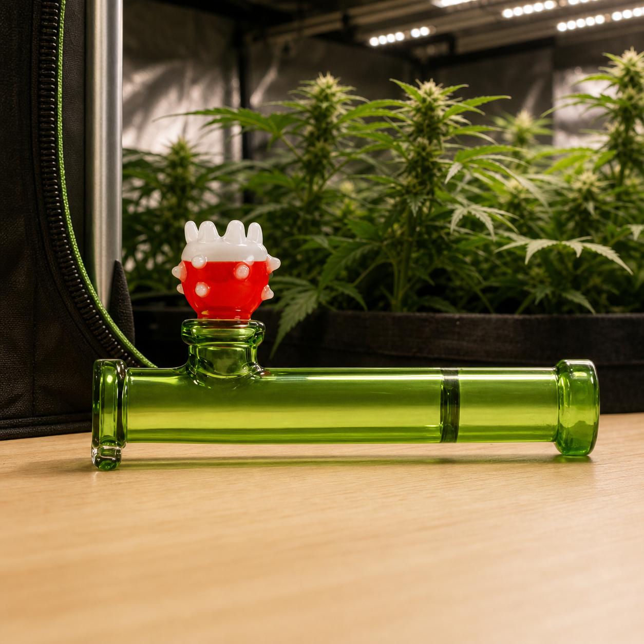 Pipa Hemper Gaming Flower Piranha de vidrio verde, con cazoleta roja y blanca, sobre una mesa frente a plantas de cannabis.
