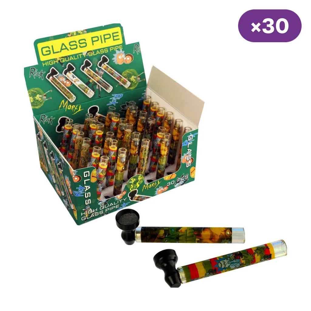 Expositor de pipas con tubos decorados y cazoletas negras, con varios diseños delante y distintivo de 30 unidades.