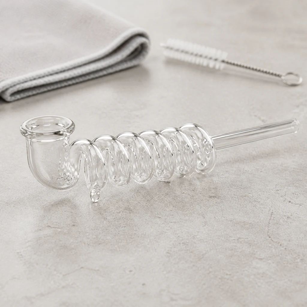 Pipa transparente de vidrio con cuerpo en espiral, cazoleta curva y boquilla recta, sobre una superficie junto a un cepillo y un paño.