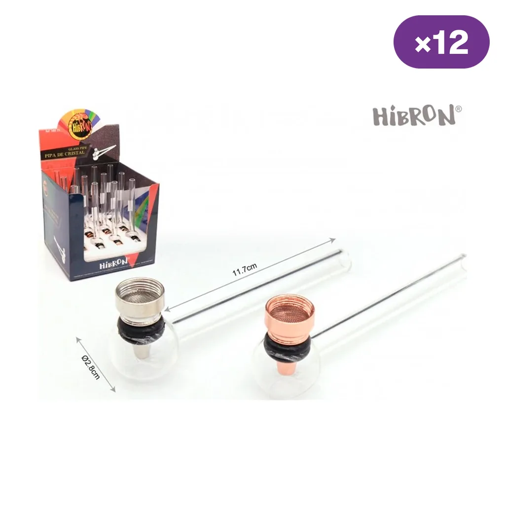 Pipas transparentes Hibron de 11,7 cm con cazoletas metálicas en tonos plateado y cobrizo, junto a un expositor y el rótulo «×12». Pipas transparentes Hibron de 11,7 cm con cazoletas metálicas en tonos plateado y cobrizo, junto a un expositor y el rótulo «×12».