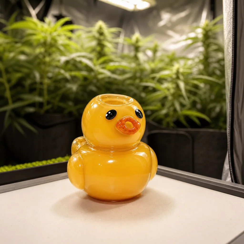 Pipa Hemper Ducky con forma de pato amarillo, ojos negros, pico naranja y abertura superior, ante plantas en un armario de cultivo.