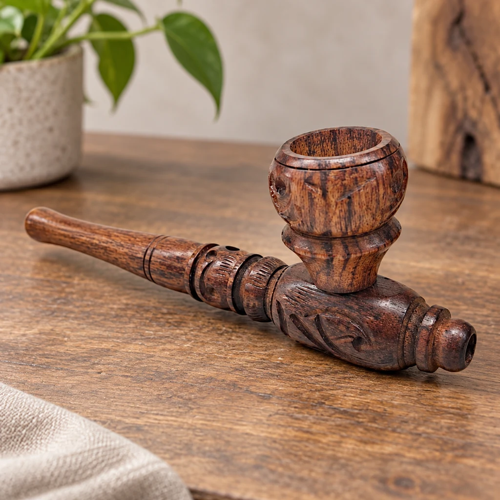 Pipa de madera marrón con cazoleta elevada, boquilla alargada y motivos tallados, dispuesta en diagonal sobre una mesa de madera.