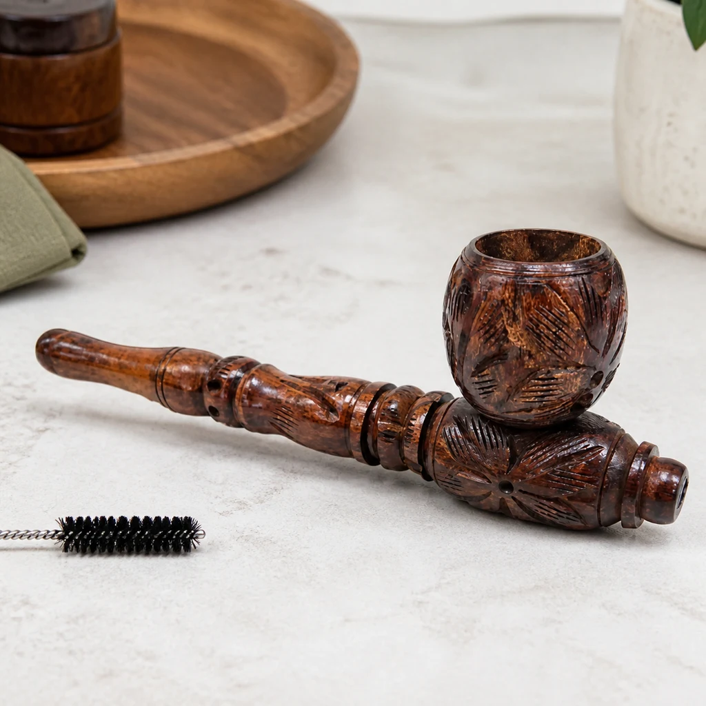 Pipa de madera marrón con motivos tallados, cazoleta redondeada y boquilla alargada, junto a un cepillo de limpieza sobre una mesa clara.