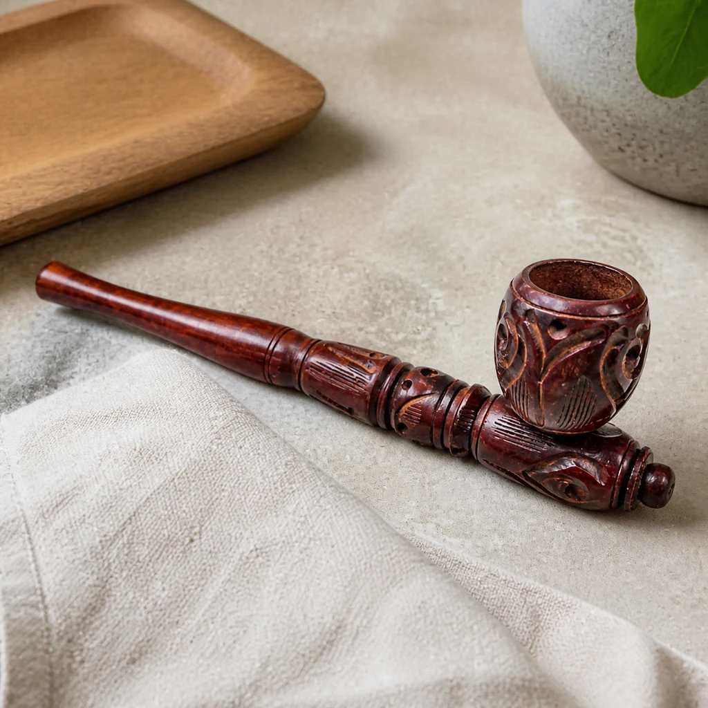 Pipa de madera marrón rojiza con boquilla alargada y cazoleta tallada con motivos curvos, apoyada junto a una tela clara.