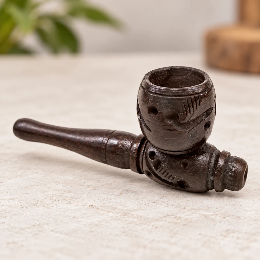 Pipa de madera oscura con cazoleta vertical, boquilla alargada y motivos tallados, apoyada sobre una superficie clara.