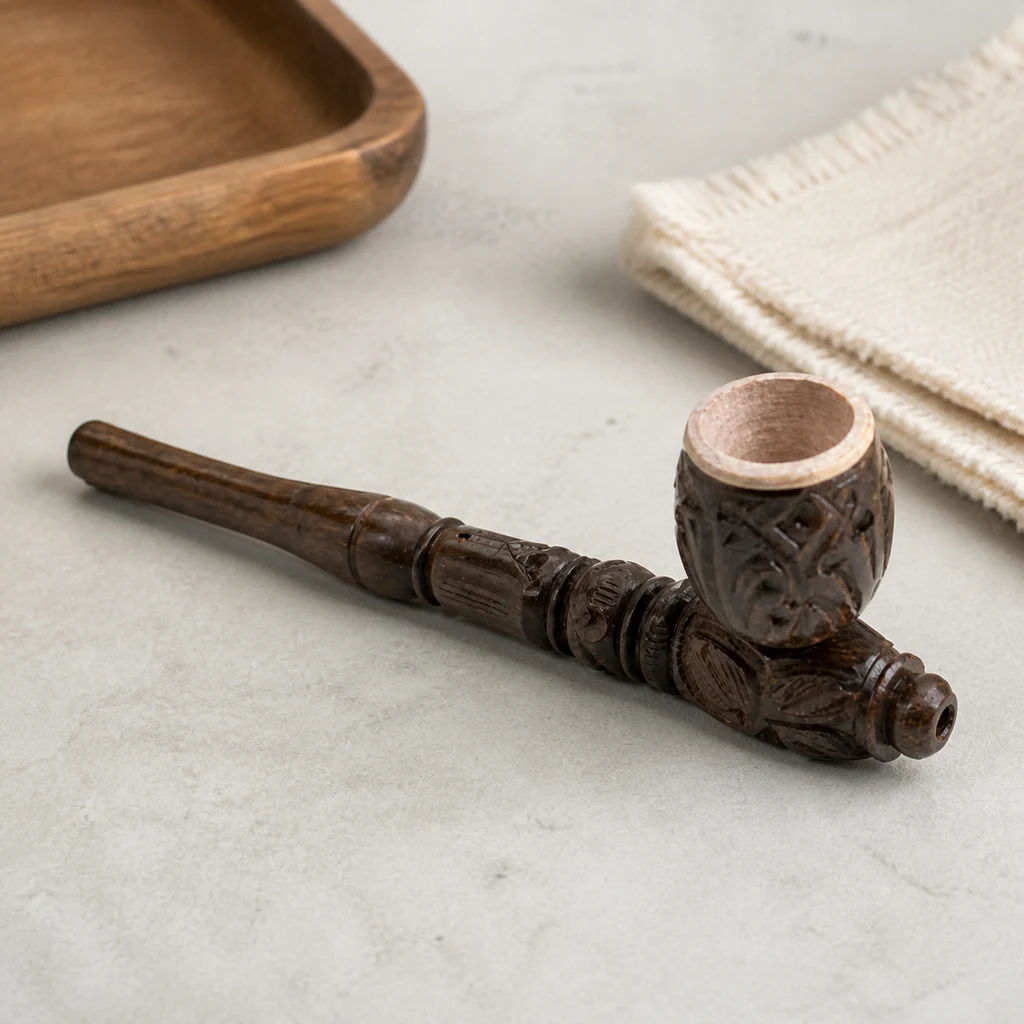 Pipa de madera oscura con relieves tallados, cazoleta vertical y boquilla alargada, sobre una mesa junto a una bandeja y una tela clara.