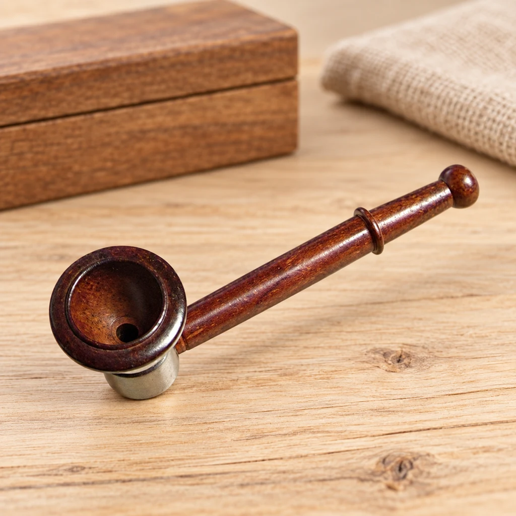 Escena generada de una pipa de madera marrón con cazoleta redonda y tubo alargado sobre una mesa, junto a una caja y una tela.