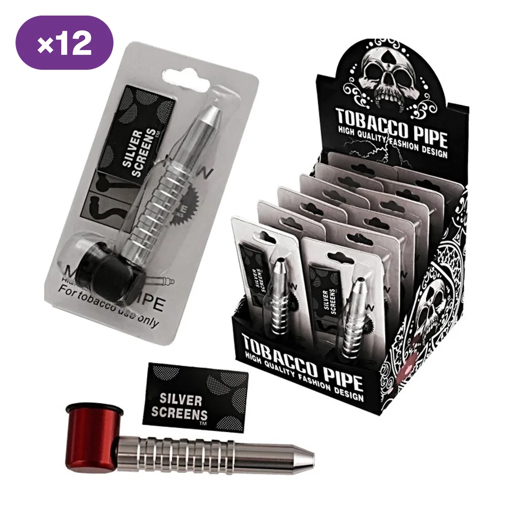 Pipas con tubo plateado estriado y cazoletas roja o negra, mostradas sueltas y en blísteres con rejillas junto a una caja expositora.