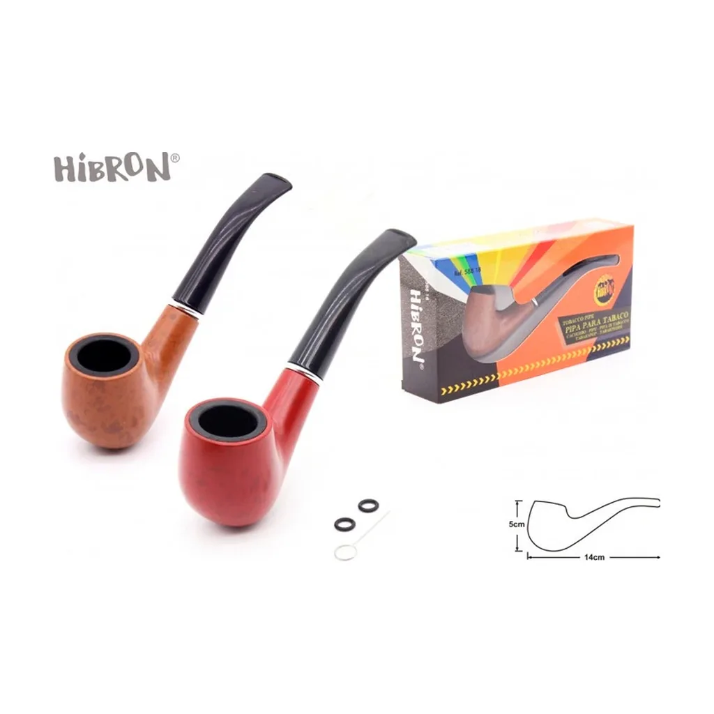 Pipas Hibron en acabados marrón y rojo, con cazoleta redondeada y boquilla negra curva, junto a su caja y pequeños accesorios.
