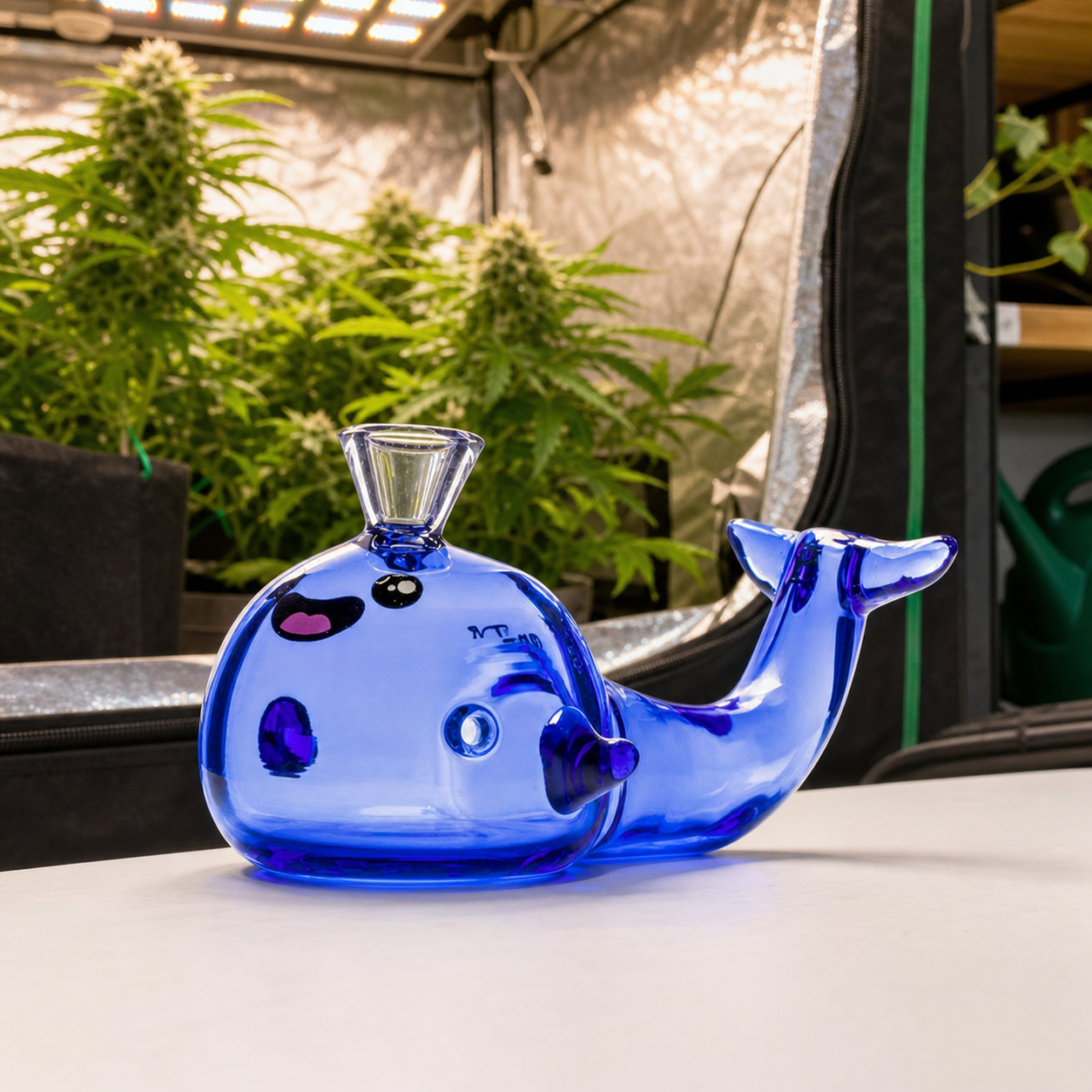 Pipa Hemper Whale de vidrio azul con forma de ballena, cola elevada y cazoleta superior, ante un armario de cultivo con plantas.