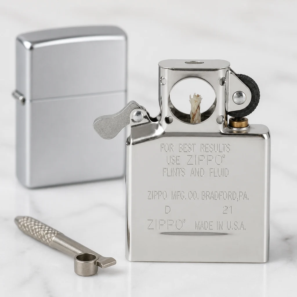 Inserto para pipa Zippo plateado, con abertura circular y mecha visible, junto a una carcasa y una pequeña herramienta.