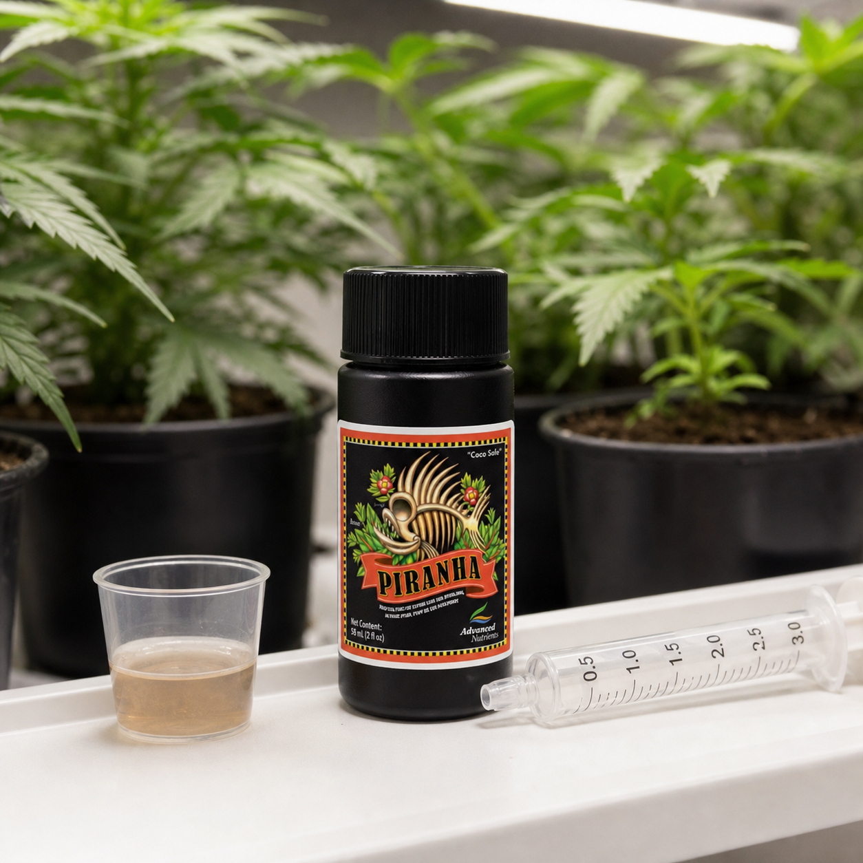Bote negro de Piranha Advanced Nutrients junto a un vasito con líquido y una jeringa graduada, con plantas en macetas al fondo.