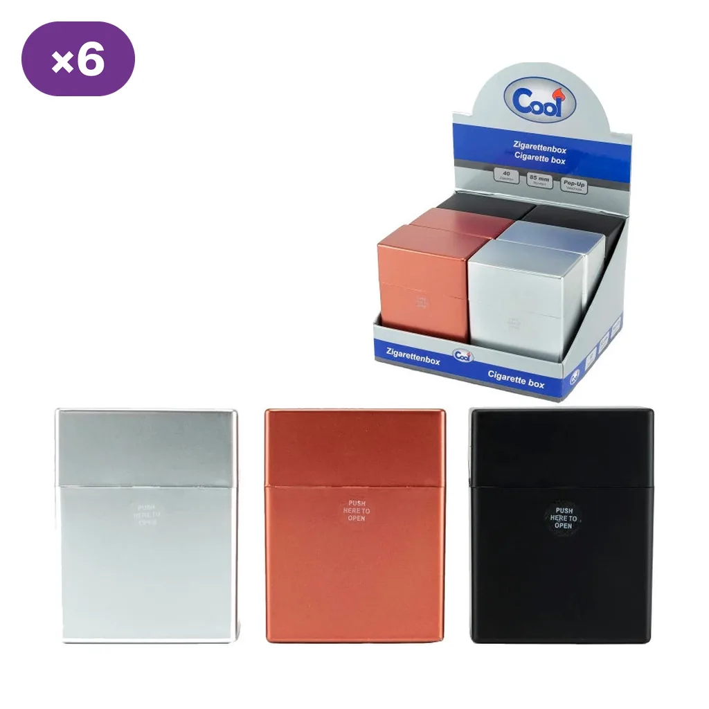 Selección de pitilleras rectangulares en tonos plateado, cobrizo y negro, mostradas de frente y en un expositor de sobremesa.