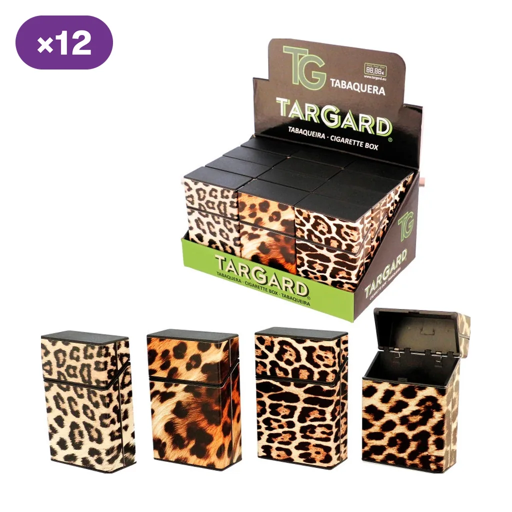 Pitilleras Targard con distintos estampados de leopardo en expositor y en primer plano, una abierta con el interior negro visible.