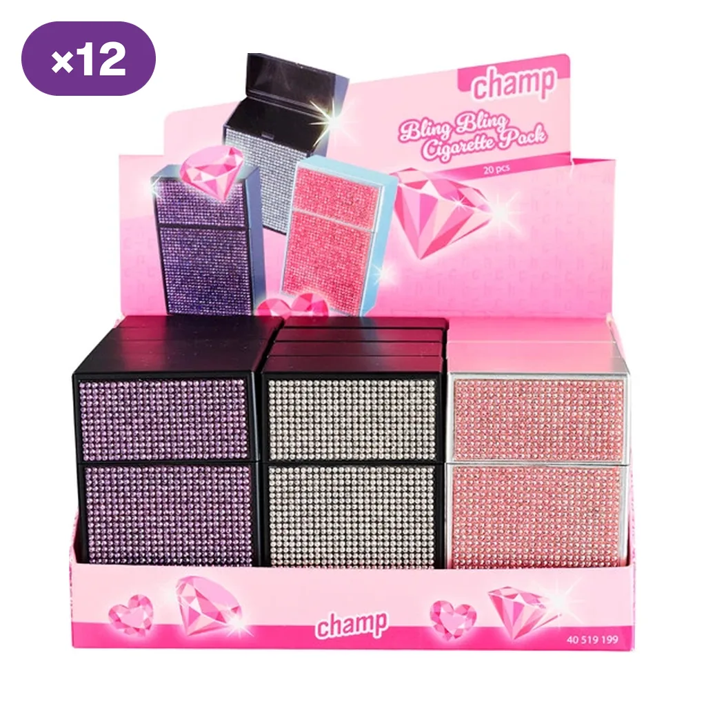Expositor rosa Champ con pitilleras Bling Bling de formato cajetilla, decoradas con hileras de brillantes en morado, plateado y rosa.