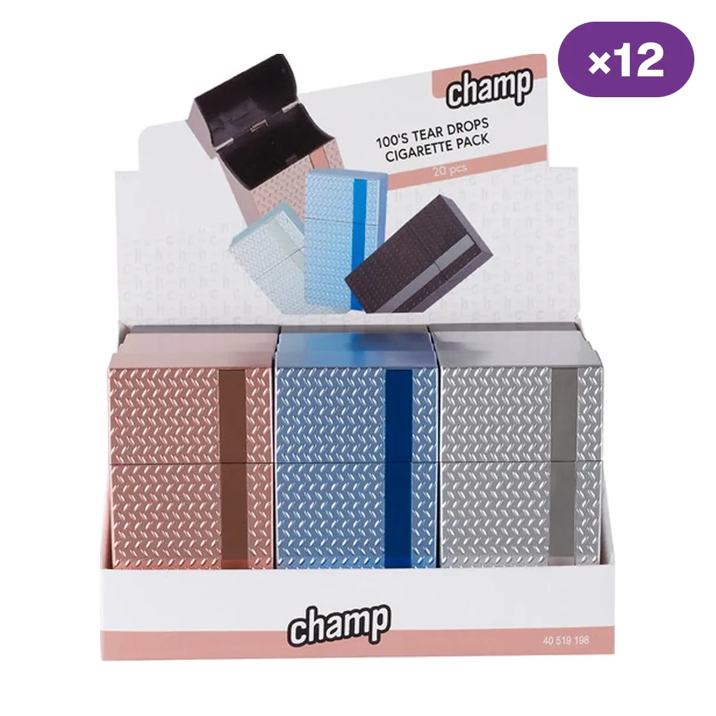 Expositor Champ con pitilleras de relieve en forma de gotas, en tonos rosa, azul y plateado, y distintivo de 12 unidades.