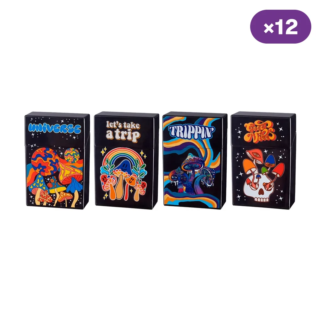 Selección de pitilleras tipo cajetilla con distintos diseños de setas multicolores sobre fondo negro y distintivo de 12 unidades.