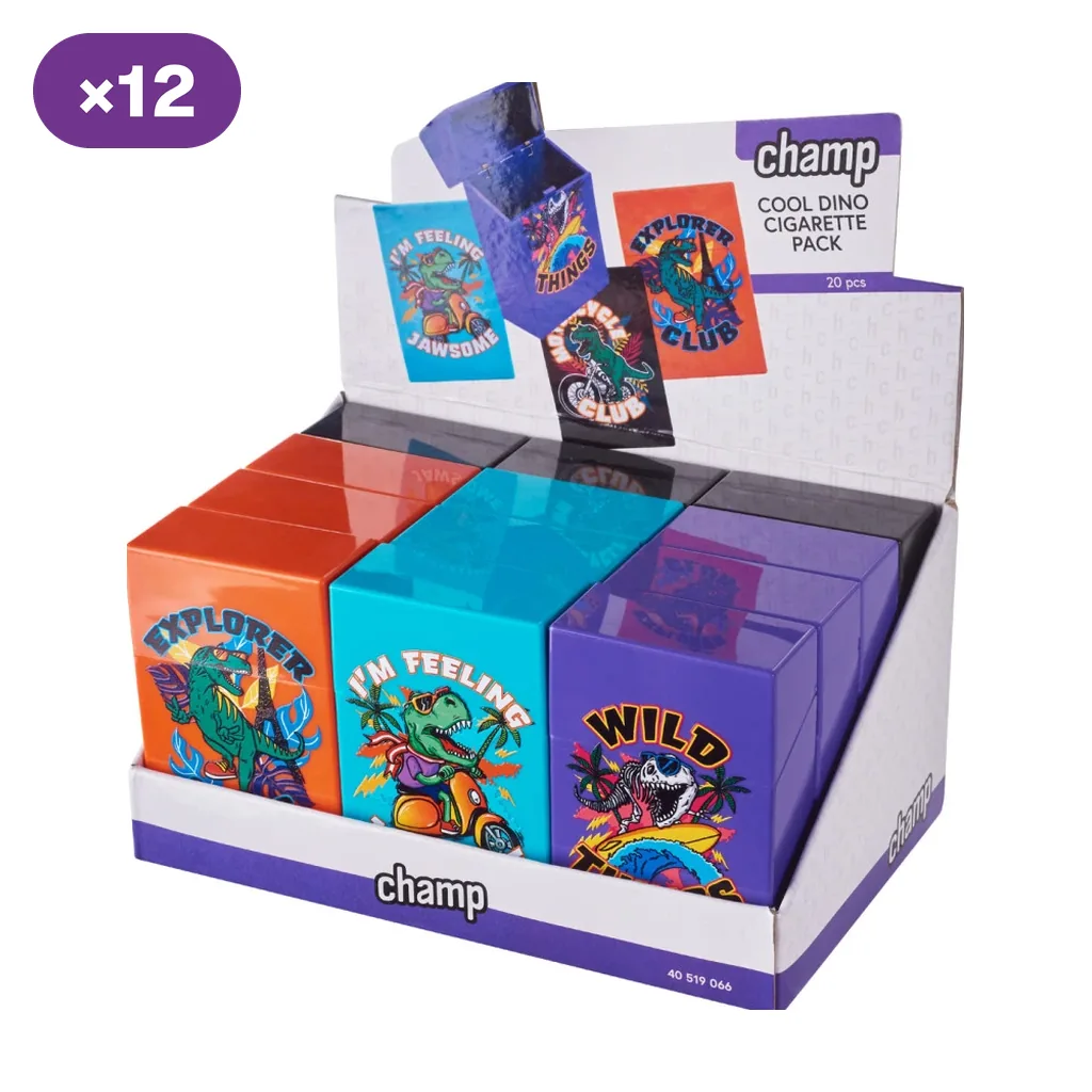 Expositor Champ Cool Dino con pitilleras tipo cajetilla naranjas, turquesas y violetas, decoradas con dinosaurios, y distintivo ×12.