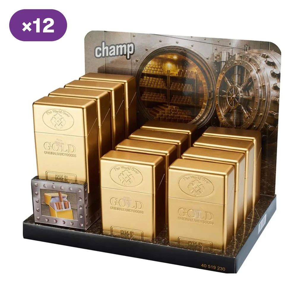 Pitilleras Champ High Gold Bar doradas con forma de lingote, en un expositor decorado con una cámara acorazada abierta.
