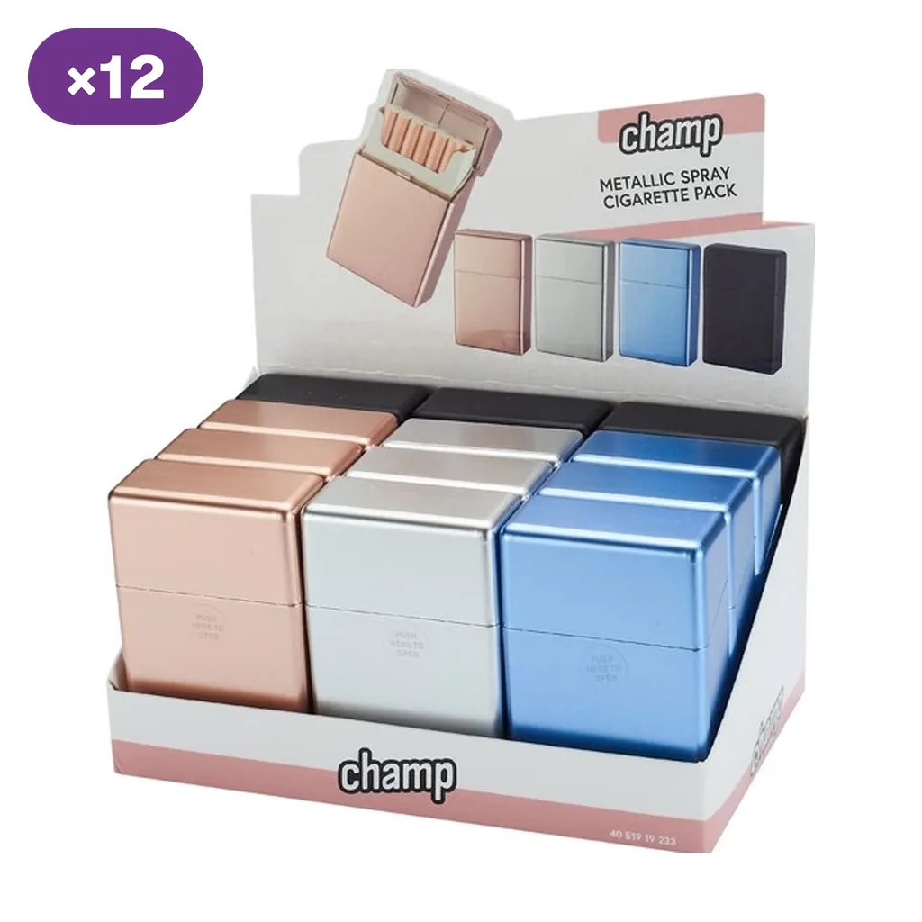 Expositor Champ con varias pitilleras tipo cajetilla en acabados rosa, plateado, azul y negro, con distintivo de 12 unidades.