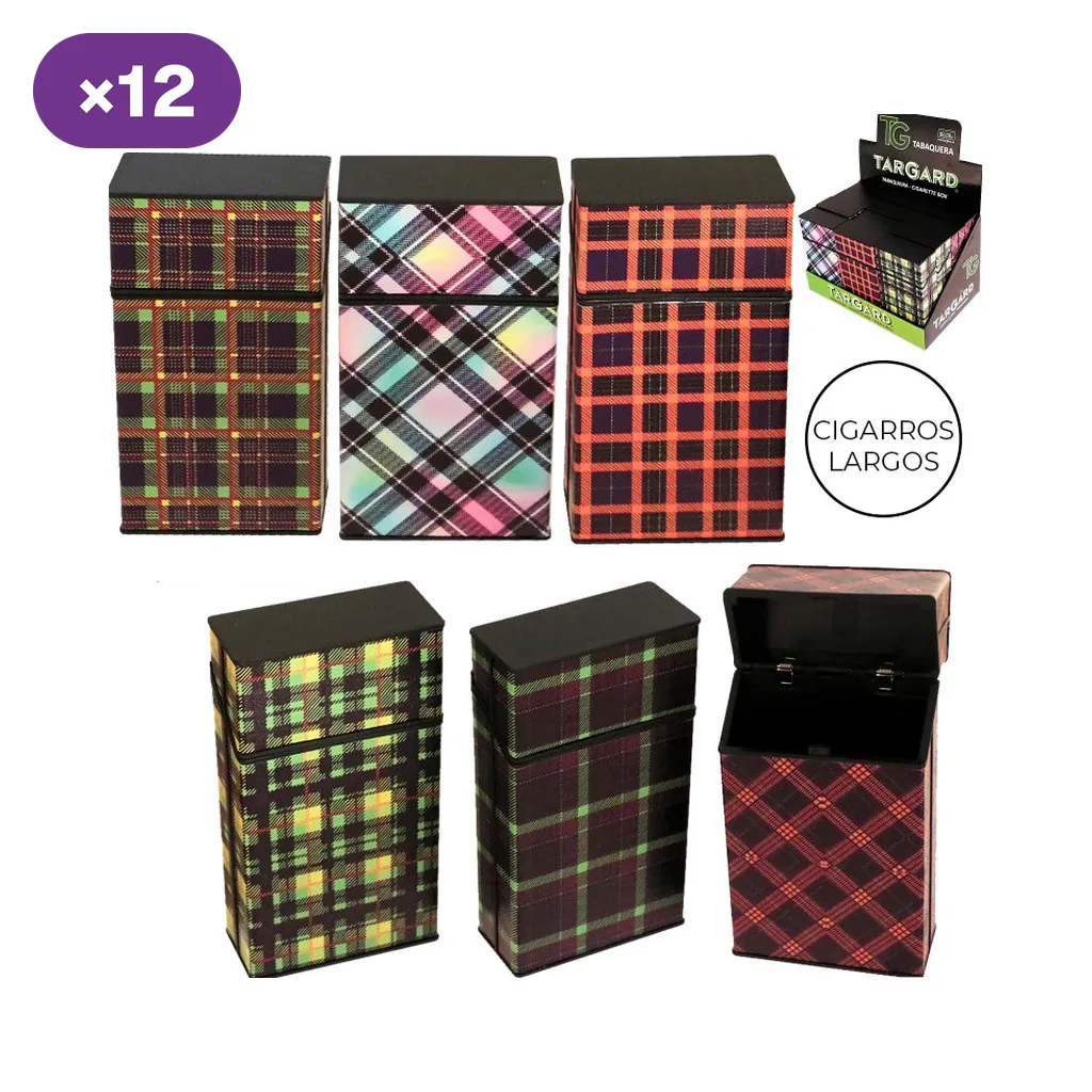 Selección de pitilleras para cigarros largos con estampados de cuadros multicolores; una aparece abierta mostrando el interior negro.