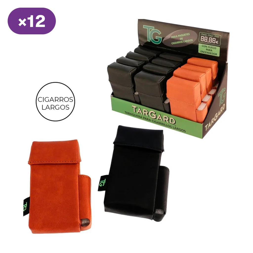 Pitilleras para cigarros largos en naranja y negro, con solapa y bolsillo lateral, junto a un expositor marcado ×12.
