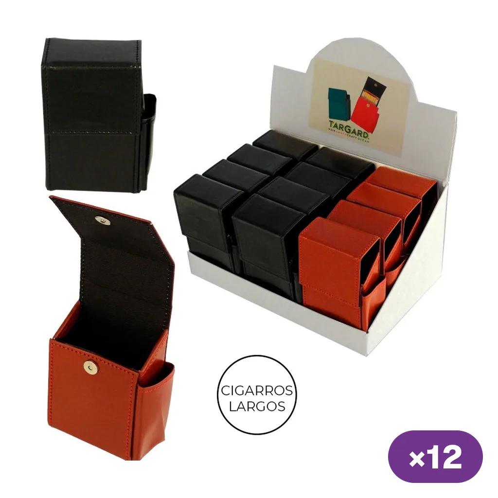 Pitilleras para cigarros largos en negro y rojizo, en expositor y en vistas abierta y cerrada, con bolsillo lateral y cierre de botón.