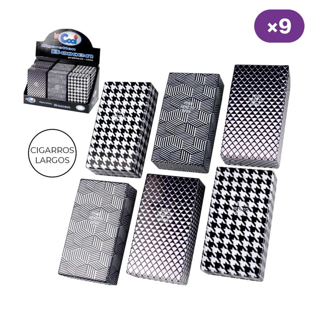 Pitilleras Cool para cigarros largos con distintos diseños geométricos en blanco y negro, junto a un expositor y el rótulo por nueve.