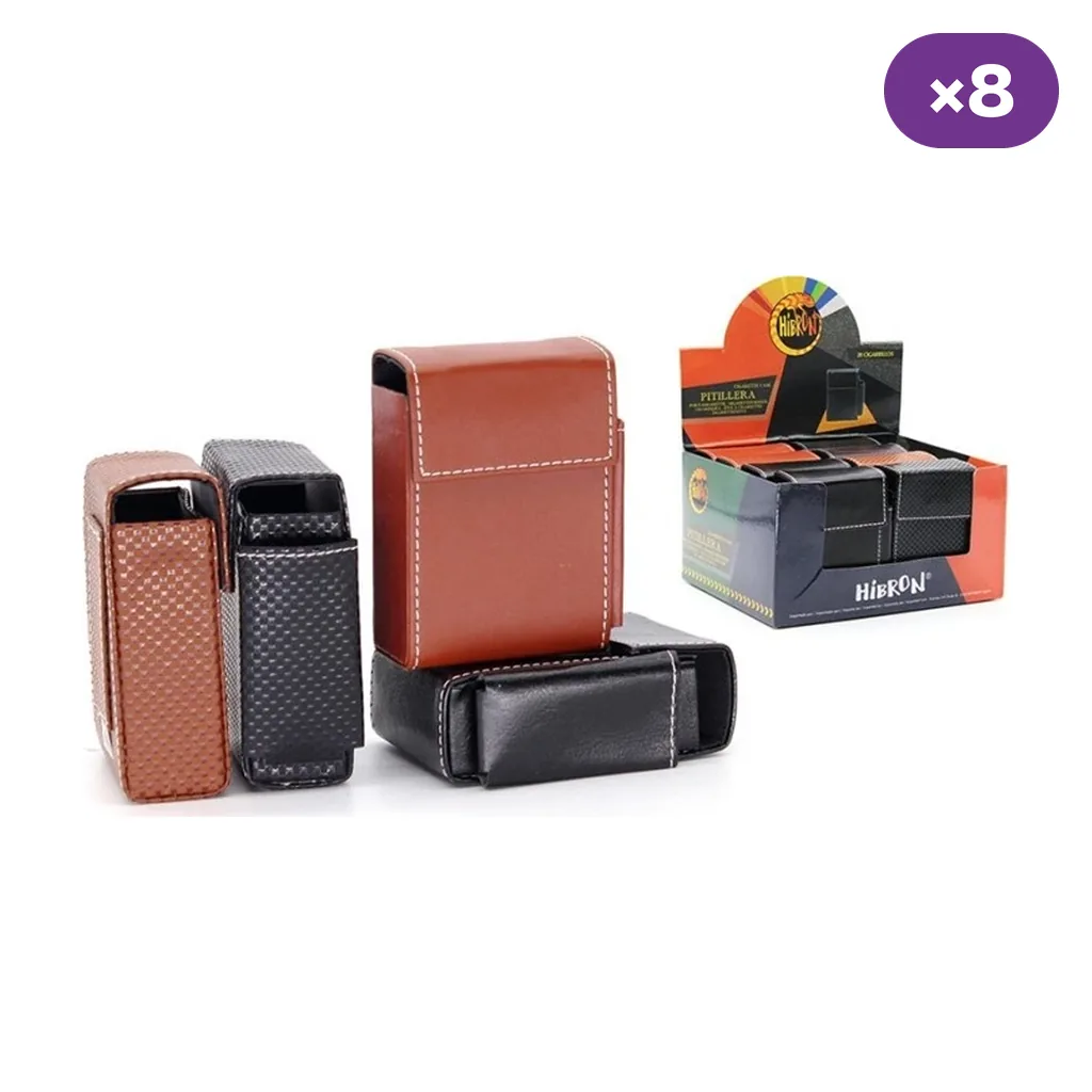 Selección de pitilleras Hibron marrones y negras, lisas y texturizadas, con hueco para encendedor, junto a una caja expositora.