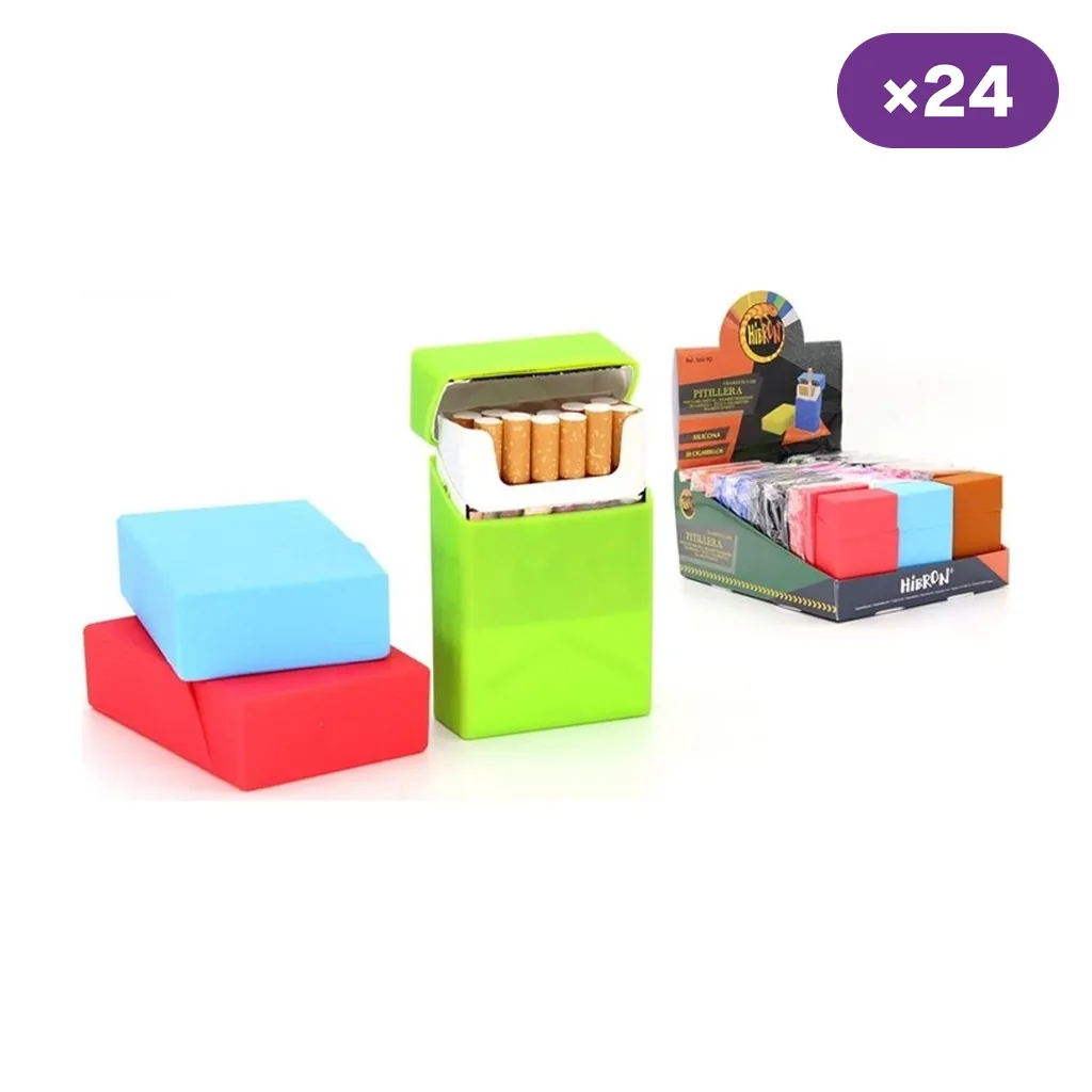 Pitilleras Hibron en varios colores, una verde abierta con cigarrillos y otras cerradas junto a un expositor con el distintivo de 24 unidades.