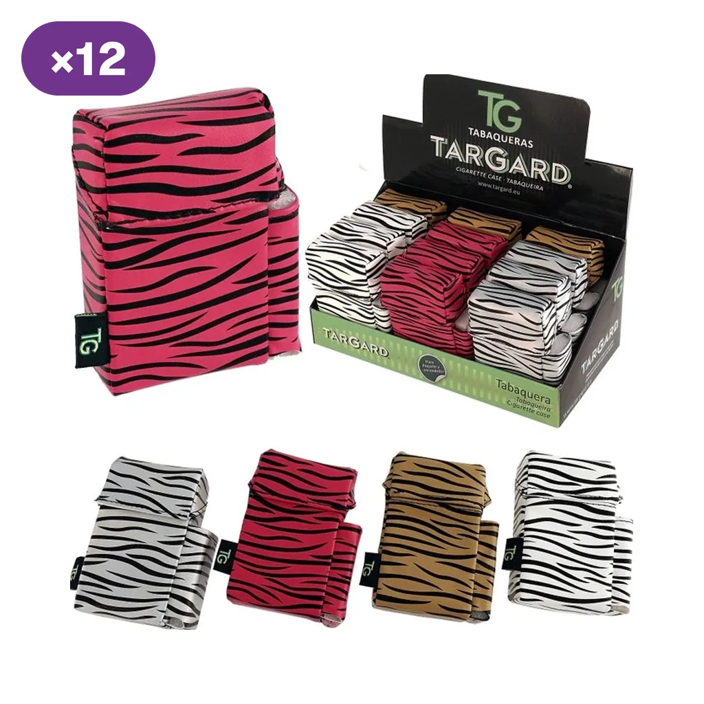 Selección de pitilleras Targard con rayas negras sobre distintos colores, junto a un expositor y el distintivo ×12.