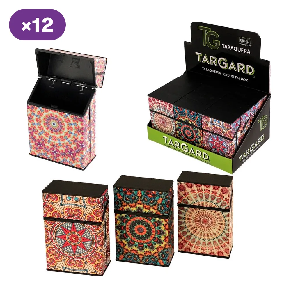 Pitilleras TG Targard con distintos estampados de mandalas: una abierta, tres cerradas y un expositor, con distintivo ×12.