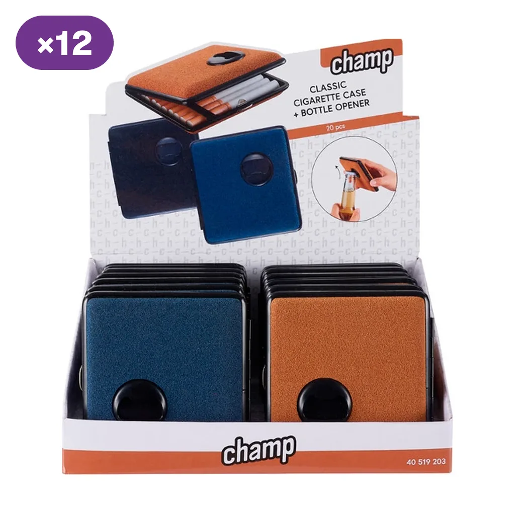 Expositor de pitilleras Champ con abrebotellas, en azul y naranja, con una pitillera abierta y una demostración de uso en el cartel.