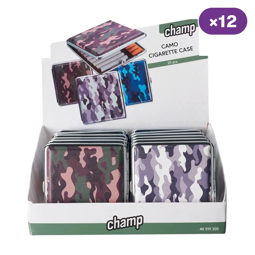 Expositor Champ con pitilleras de camuflaje en varios colores y cartel que muestra una abierta con cigarrillos; distintivo «×12».