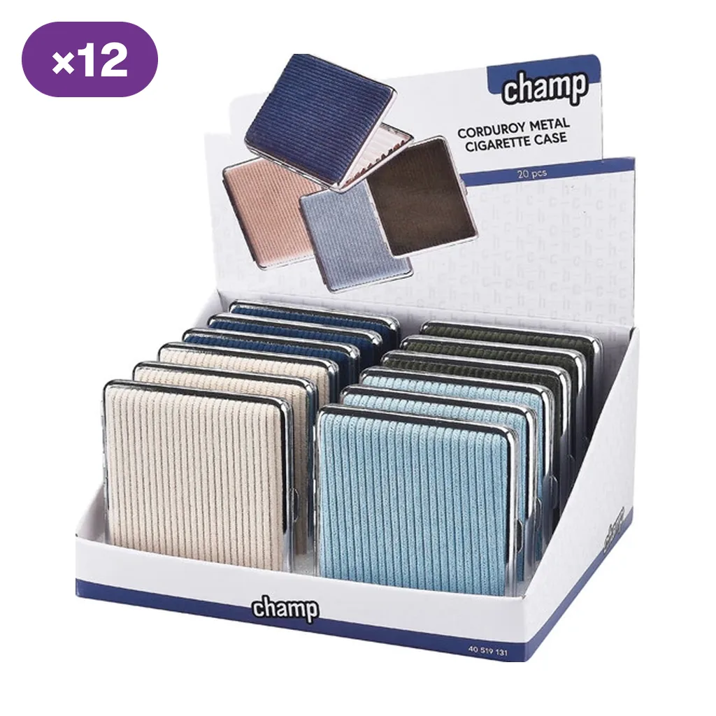 Expositor Champ con varias pitilleras rectangulares de superficie acanalada en tonos crema, azul y oscuro, con distintivo de 12 unidades.