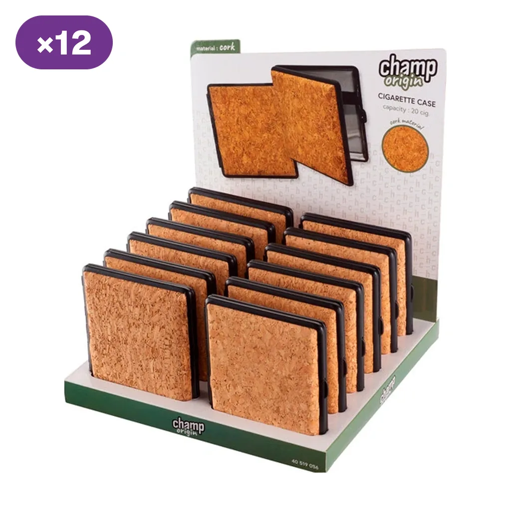 Expositor Champ Origin con varias pitilleras de corcho y bordes negros; el cartel muestra una abierta y señala capacidad para 20 cigarrillos.