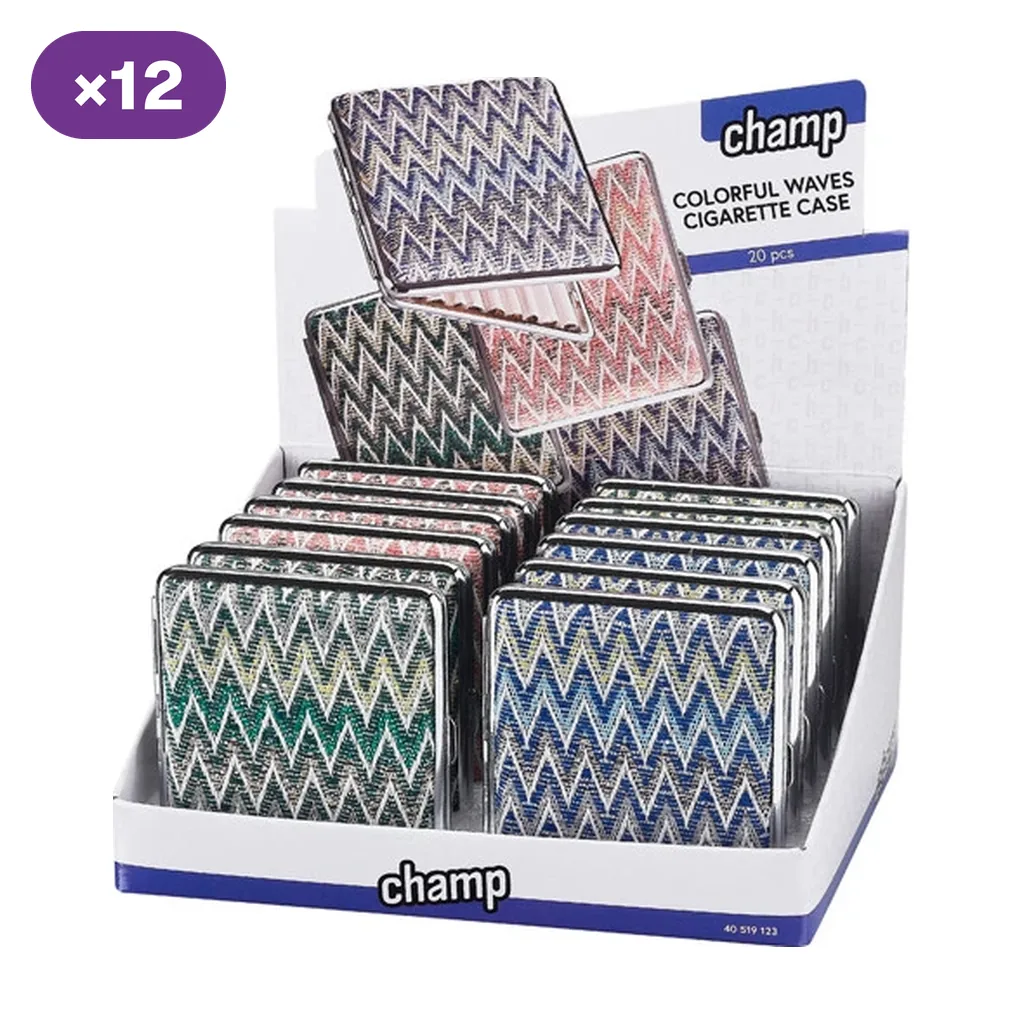 Expositor Champ marcado ×12 con pitilleras de varios colores, decoradas con líneas en zigzag, y una abierta que muestra el interior.
