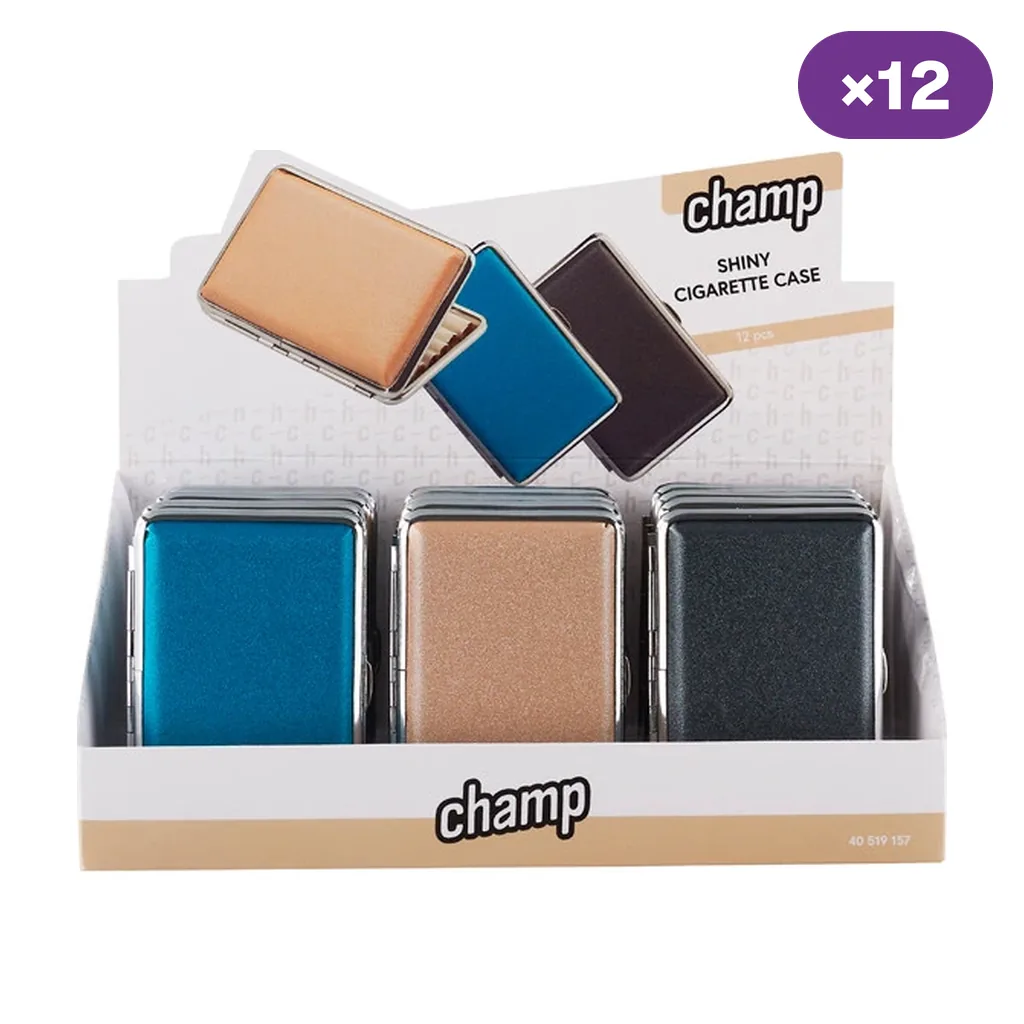 Expositor Champ de pitilleras Shiny con bordes plateados y acabados azul, dorado y oscuro, con distintivo de 12 unidades.