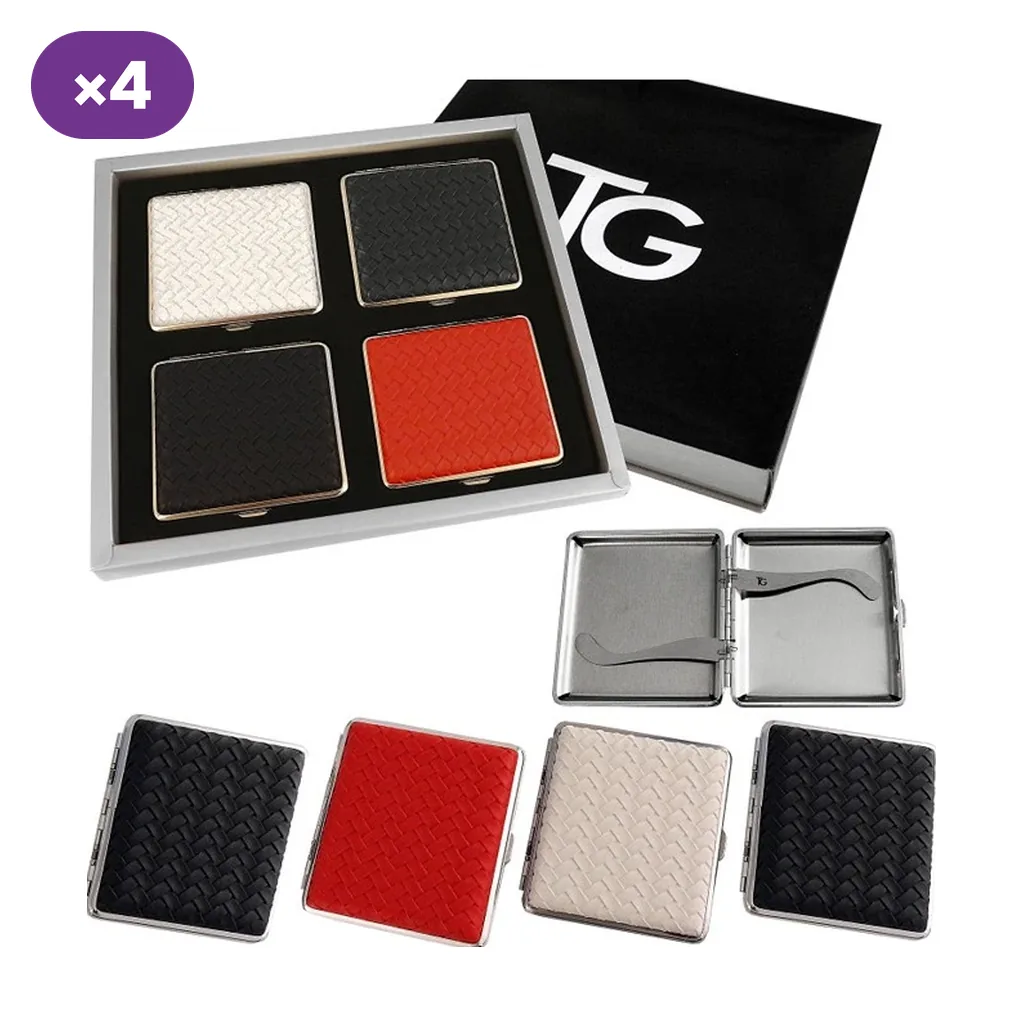 Selección de pitilleras con acabado trenzado en negro, rojo y crema, junto a una caja de presentación y una vista abierta del interior.