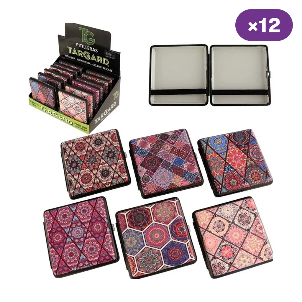 Selección de pitilleras Targard con distintos estampados de mandalas, expositor y modelo abierto con bandas interiores; rótulo de 12 unidades.