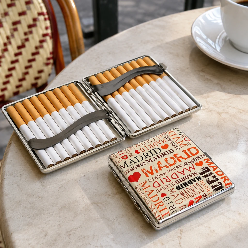 Escena generada con un estuche abierto con cigarrillos y otro cerrado decorado con Madrid y corazones, sobre una mesa junto a una taza.