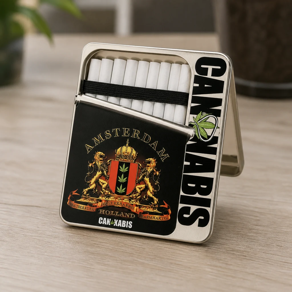 Pitillera Amsterdam abierta sobre una mesa, con varios cigarrillos sujetos por una banda y un escudo con leones y hojas de cannabis.
