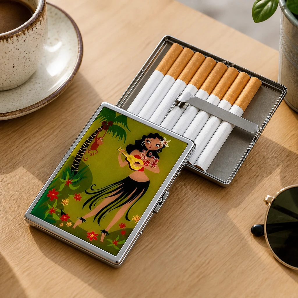 Pitillera metálica Fluff Hawaiian abierta con cigarrillos y tapa ilustrada con una bailarina hawaiana, sobre una mesa junto a una taza.