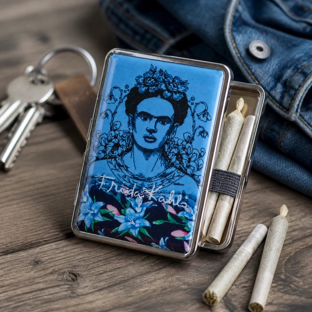 Escena generada de una pitillera Frida Collection entreabierta, con retrato azul de Frida Kahlo, cigarrillos dentro y sobre una mesa de madera.