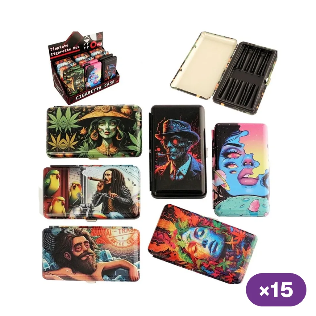 Selección de pitilleras con ilustraciones multicolores, una abierta con sujeciones interiores y un expositor; distintivo «×15».