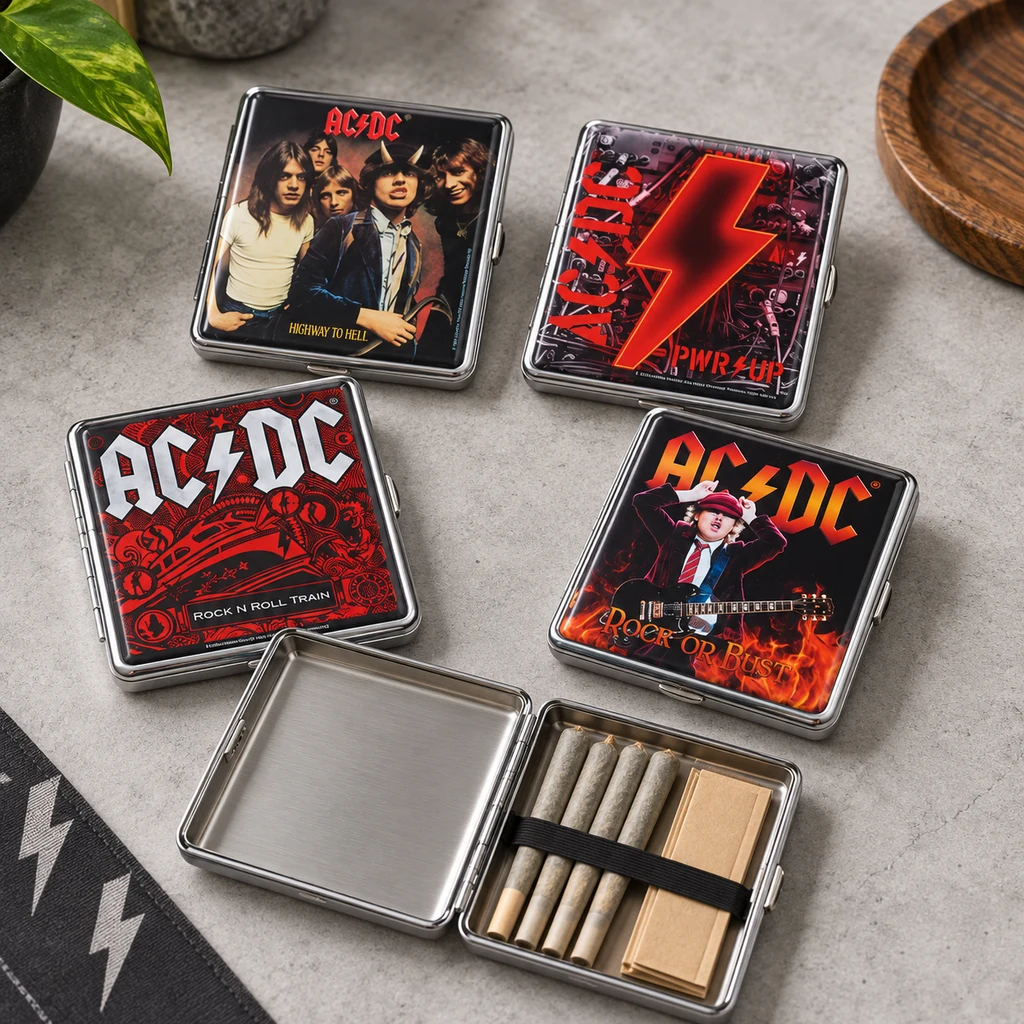 Escena generada con distintos diseños de pitilleras metálicas AC/DC sobre una mesa; una está abierta y contiene cigarrillos y papel.
