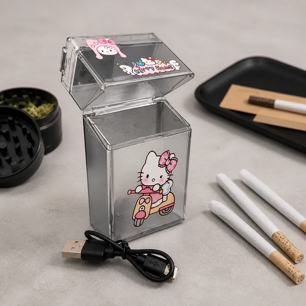 Pitillera abierta con dibujos de Hello Kitty, junto a un cable USB, cigarrillos y accesorios sobre una mesa gris.