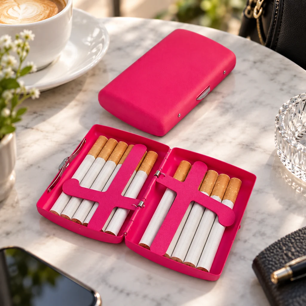 Pitillera rosa abierta con cigarrillos sujetos por bandas interiores y otra cerrada sobre una mesa, junto a una taza de café.