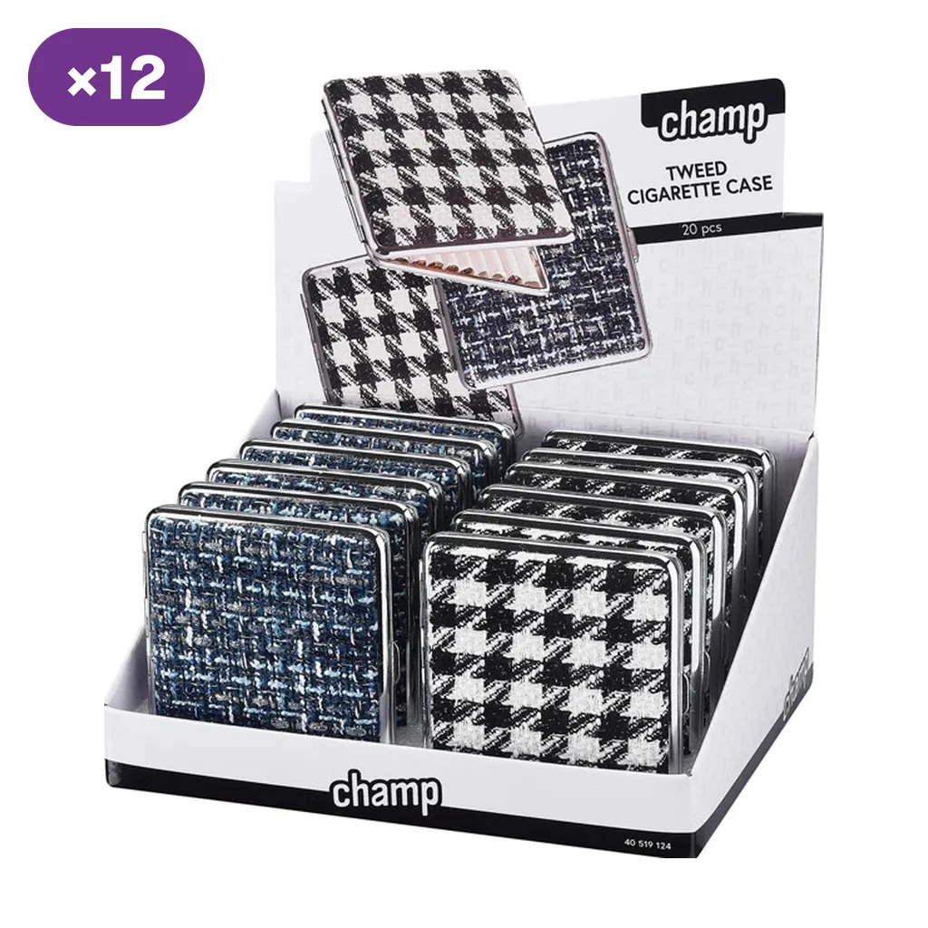 Expositor de pitilleras Champ con bordes plateados y diseños de pata de gallo en blanco y negro y tweed oscuro.