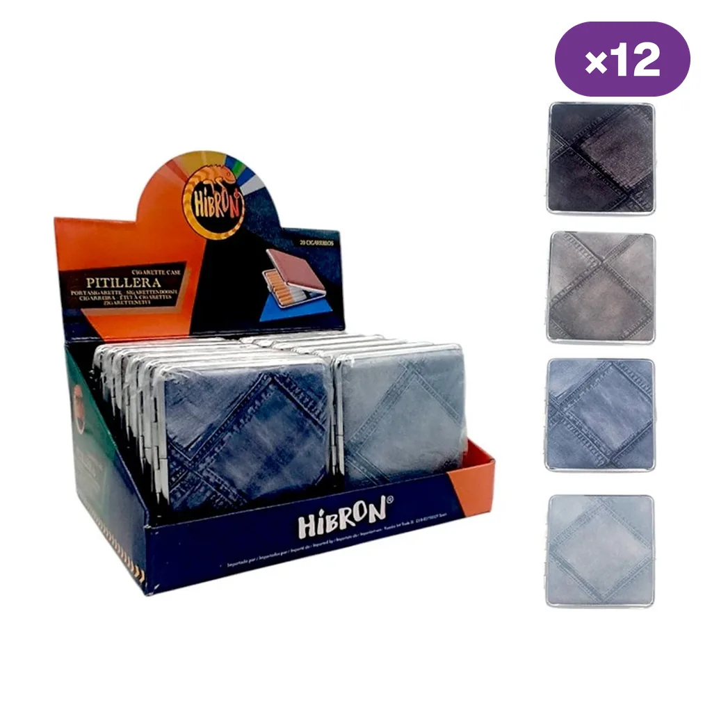 Expositor de pitilleras Hibron Jeans y selección de modelos con estampados de costuras en tonos azules y grises; distintivo de 12 unidades.